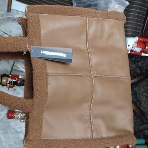 Brown Faux Leather And Sherpa Tote Bag 16"x12"x4"